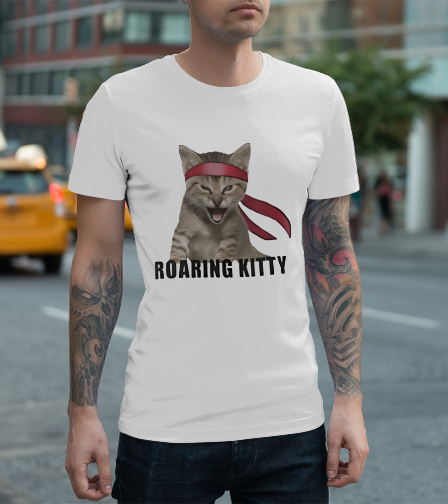 Roaring Kitty Kitten In Red Headband Stock Market Meme T-Shirt