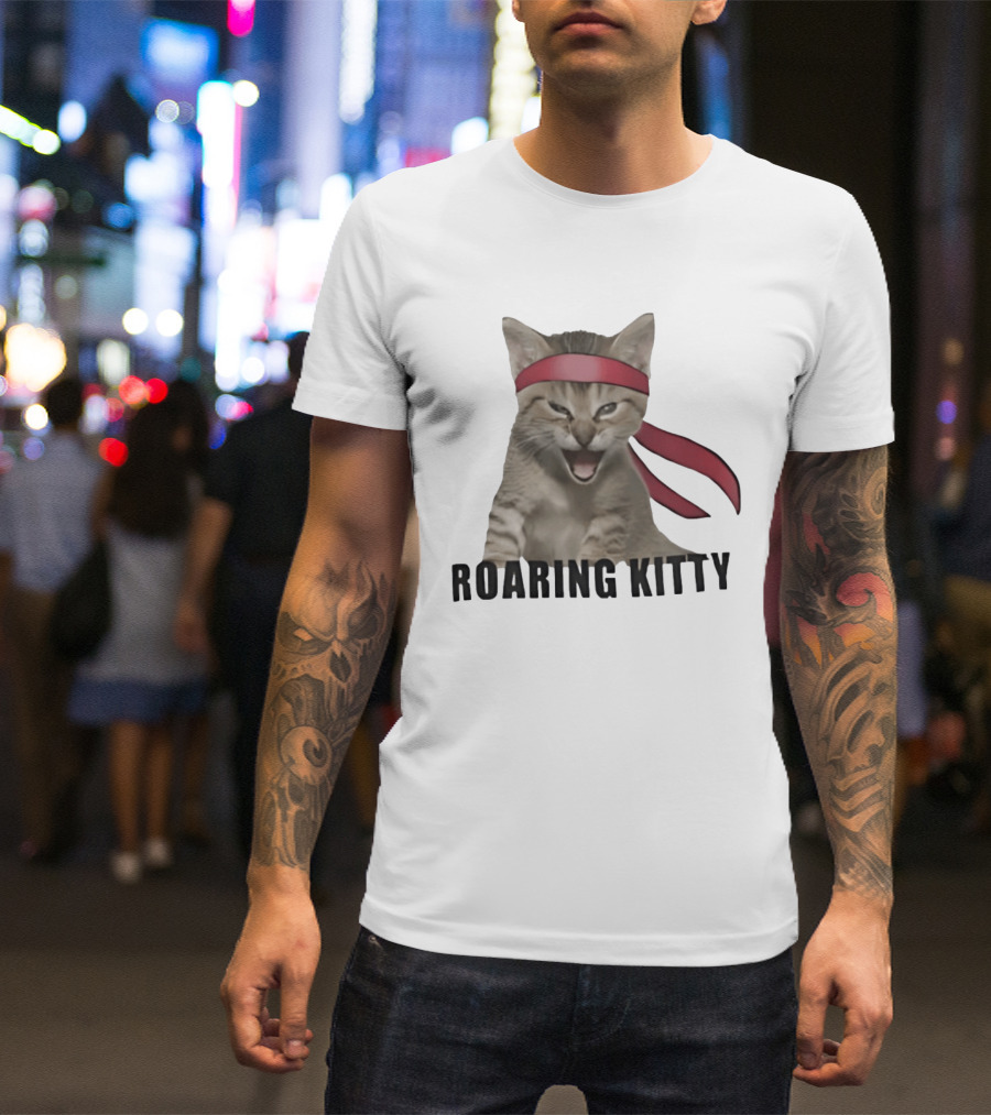 Roaring Kitty Kitten In Red Headband Stock Market Meme T-Shirt