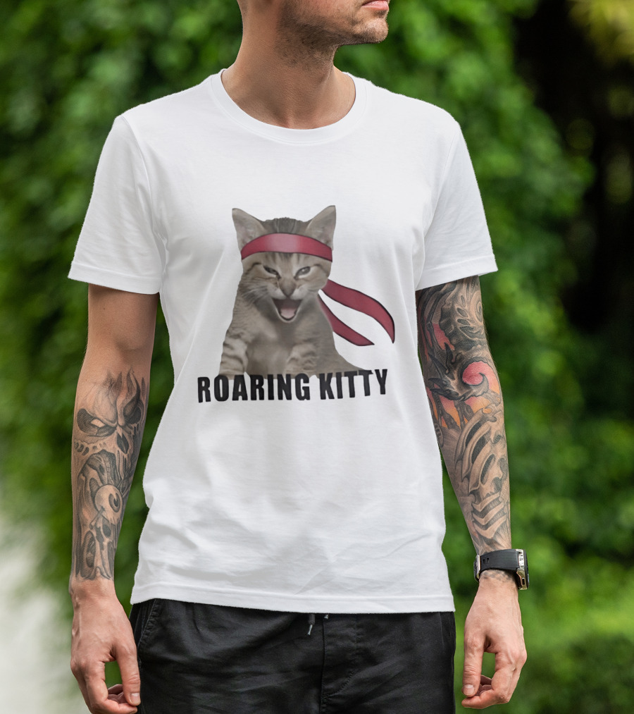 Roaring Kitty Kitten In Red Headband Stock Market Meme T-Shirt