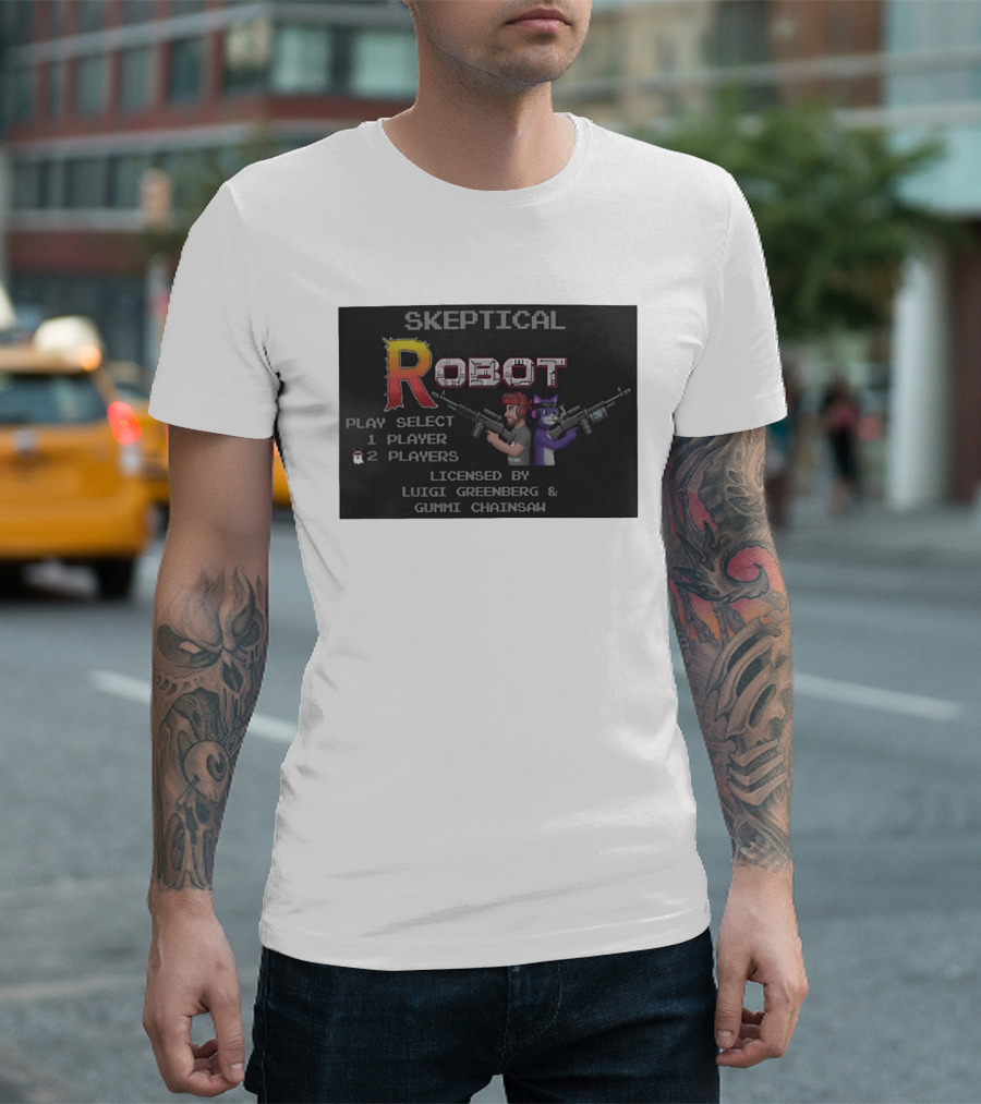 Skeptical Robot Play Select Luigi Greenberg Gummi Chainsaw T-Shirt