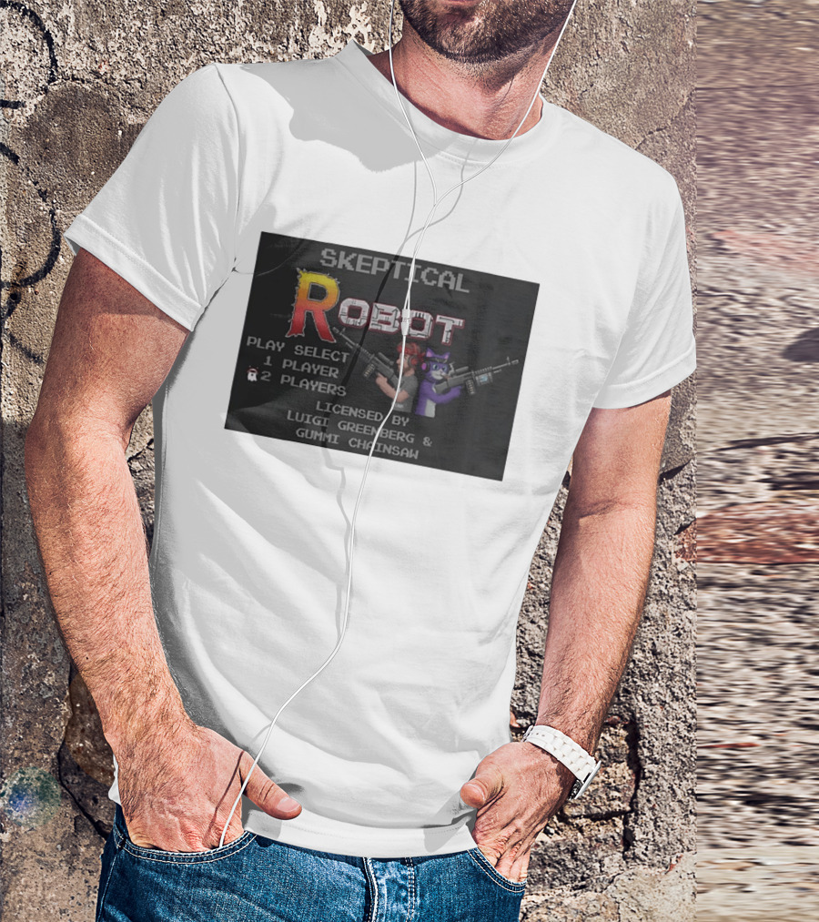 Skeptical Robot Play Select Luigi Greenberg Gummi Chainsaw T-Shirt