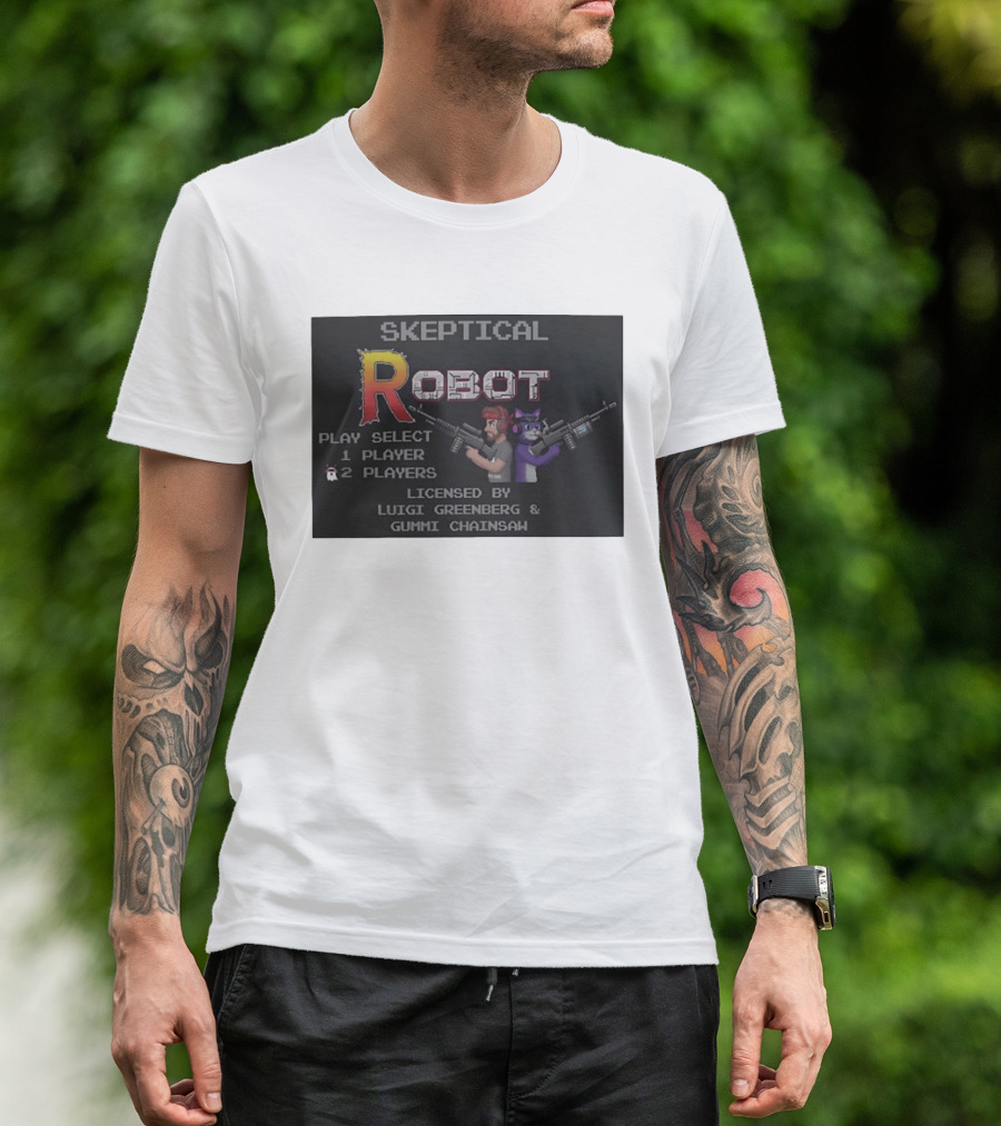 Skeptical Robot Play Select Luigi Greenberg Gummi Chainsaw T-Shirt
