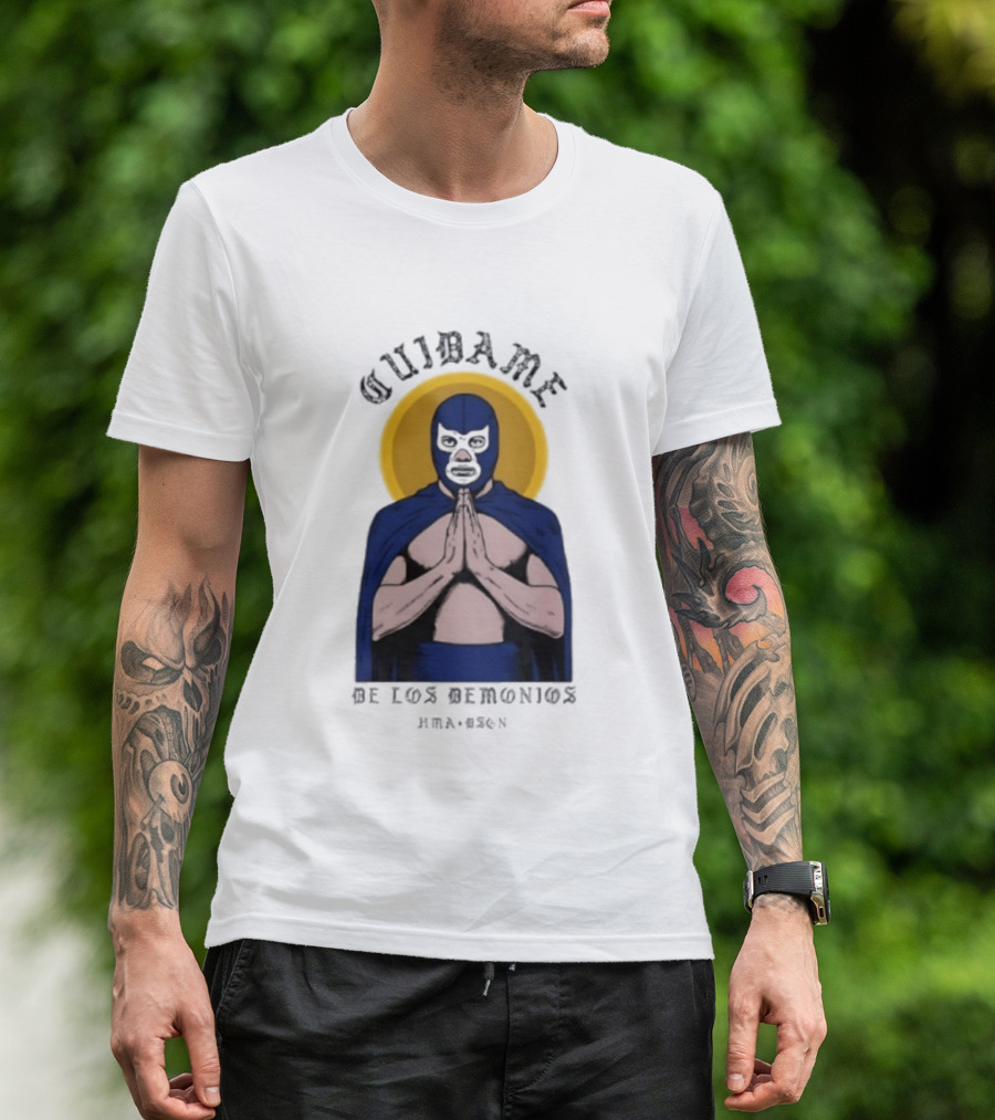 Cuidame De Los Demonios Original Blue Demon Luchador Praying Hands T-Shirt