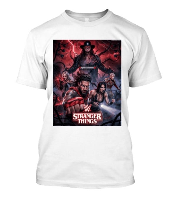 WWE And Stranger Things Crossover With The Undertaker, Roman Reigns, Cody Rhodes, Rhea Ripley, And Liv Morgan T-Shirt