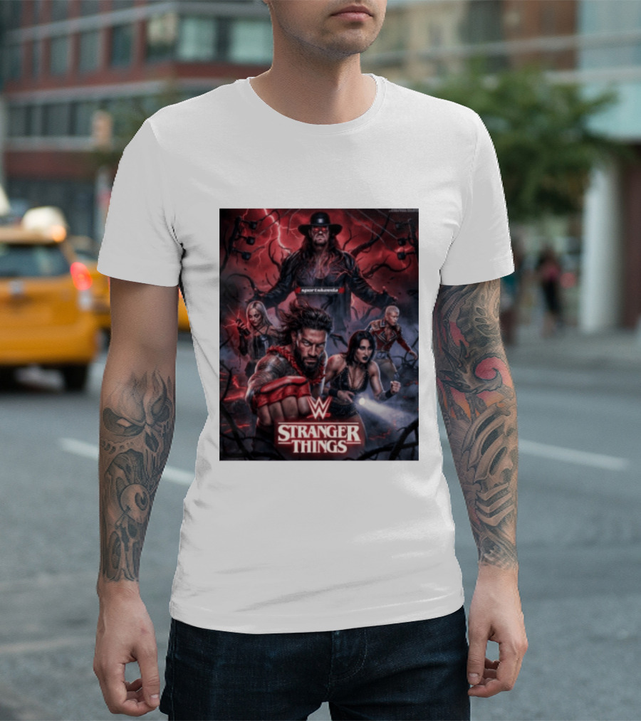 WWE And Stranger Things Crossover With The Undertaker, Roman Reigns, Cody Rhodes, Rhea Ripley, And Liv Morgan T-Shirt