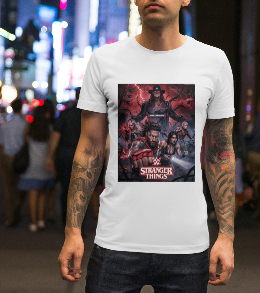 WWE And Stranger Things Crossover With The Undertaker, Roman Reigns, Cody Rhodes, Rhea Ripley, And Liv Morgan T-Shirt