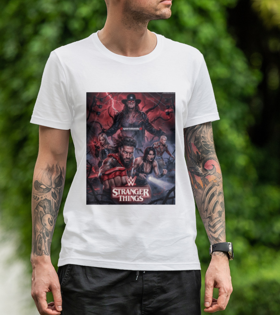 WWE And Stranger Things Crossover With The Undertaker, Roman Reigns, Cody Rhodes, Rhea Ripley, And Liv Morgan T-Shirt