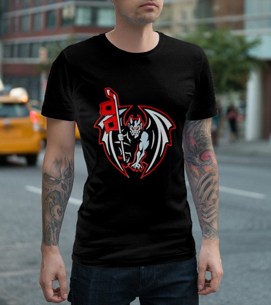 Greensboro Gargoyles Hockey Team Winged Gargoyle Holding Hockey Stick With Red Flag T-Shirt