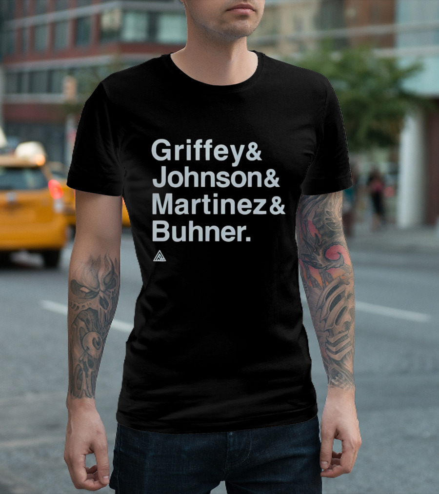 Griffey Johnson Martinez Buhner White Sans Serif Text Triangular T-Shirt