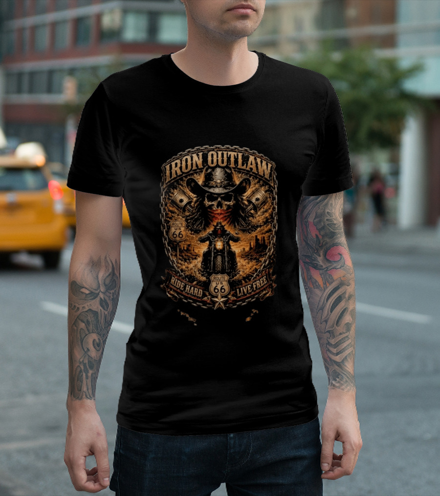 Iron Outlaw Cowboy Skull Motorcycle Route 66 Ride Hard Live Free T-Shirt
