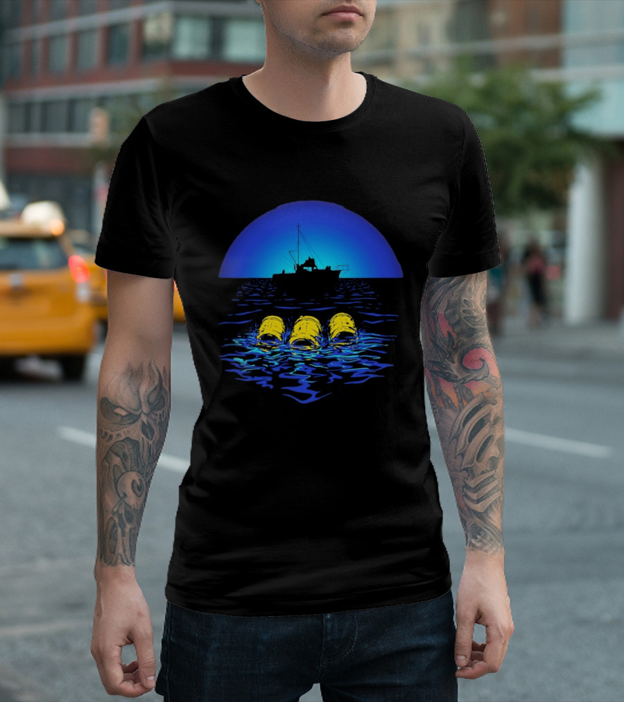 Jaws Orca Boat With Yellow Barrels Steven Spielberg Retro Ocean Scene T-Shirt