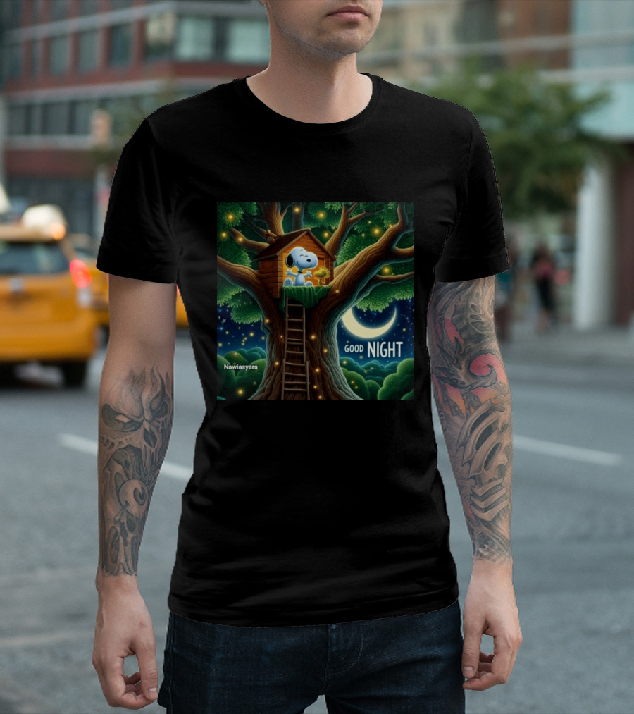 Leave A Heart If You Love Snoopy Good Night Treehouse Moonlit Scene T-Shirt