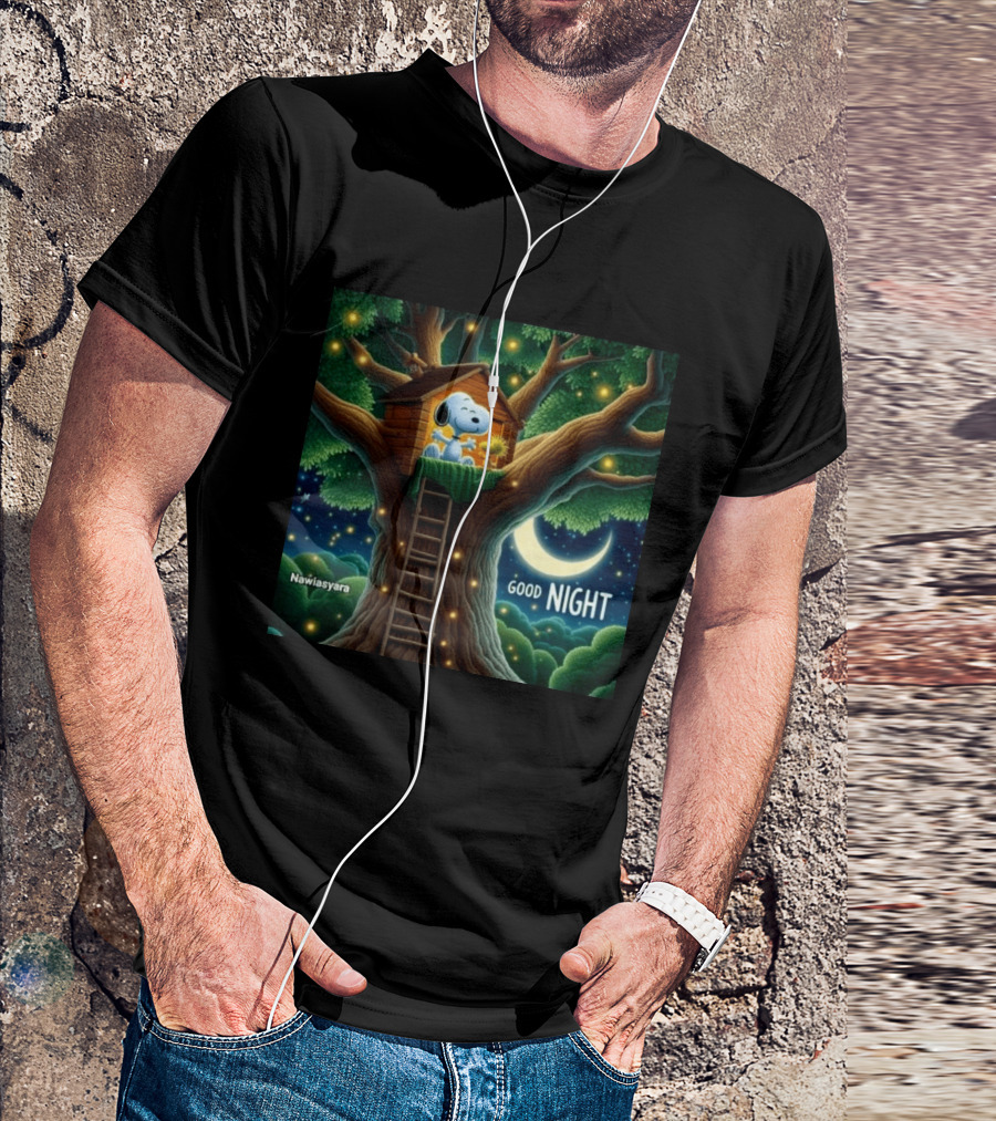 Leave A Heart If You Love Snoopy Good Night Treehouse Moonlit Scene T-Shirt