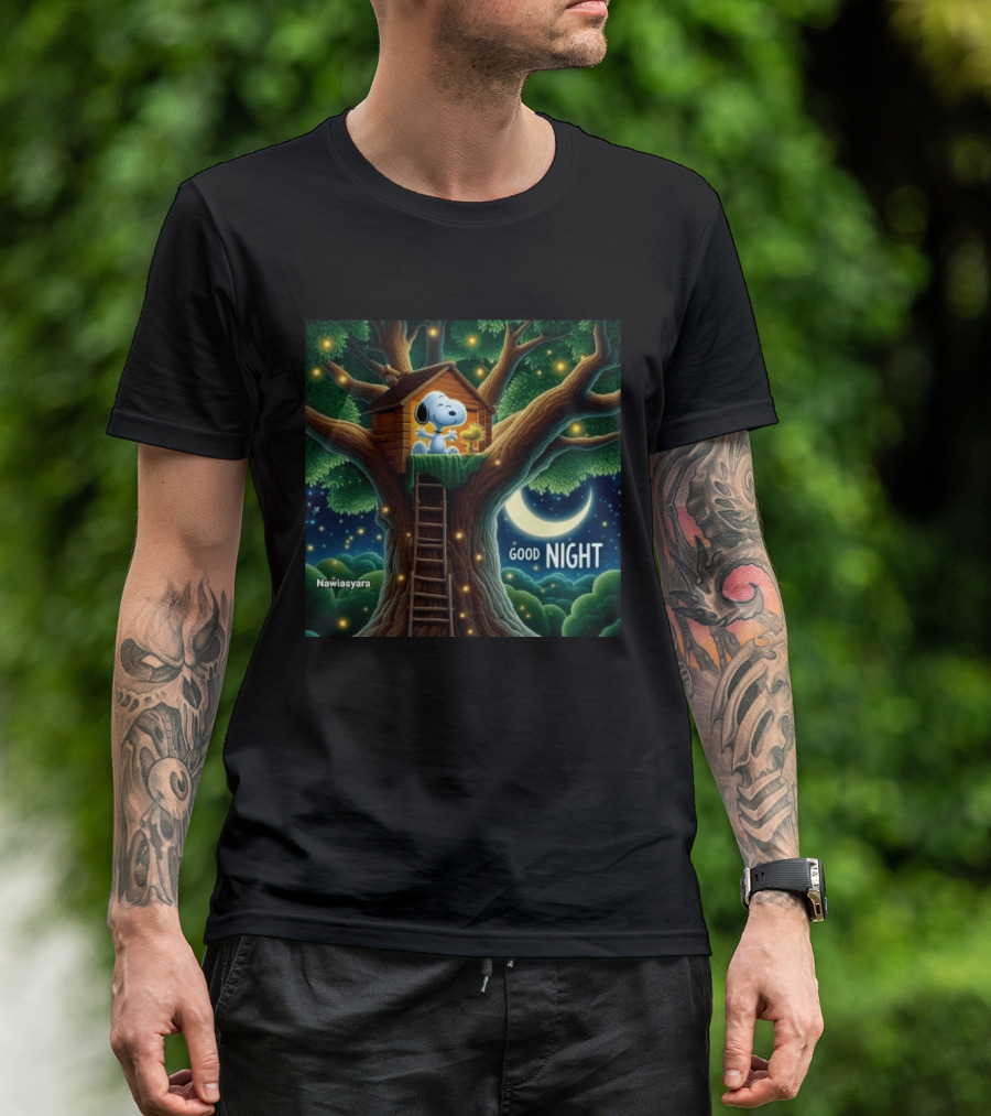 Leave A Heart If You Love Snoopy Good Night Treehouse Moonlit Scene T-Shirt