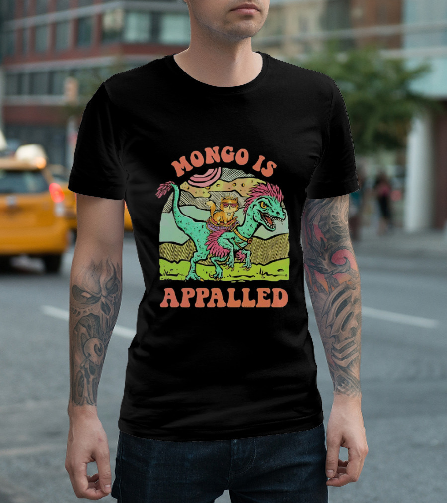 Mongo Is Appalled Cat Riding Dinosaur Raptor T-Shirt