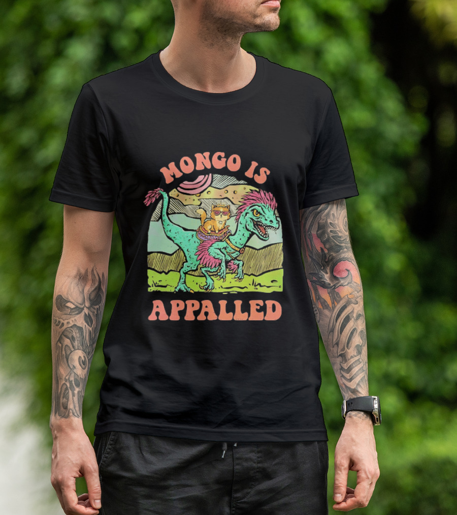Mongo Is Appalled Cat Riding Dinosaur Raptor T-Shirt