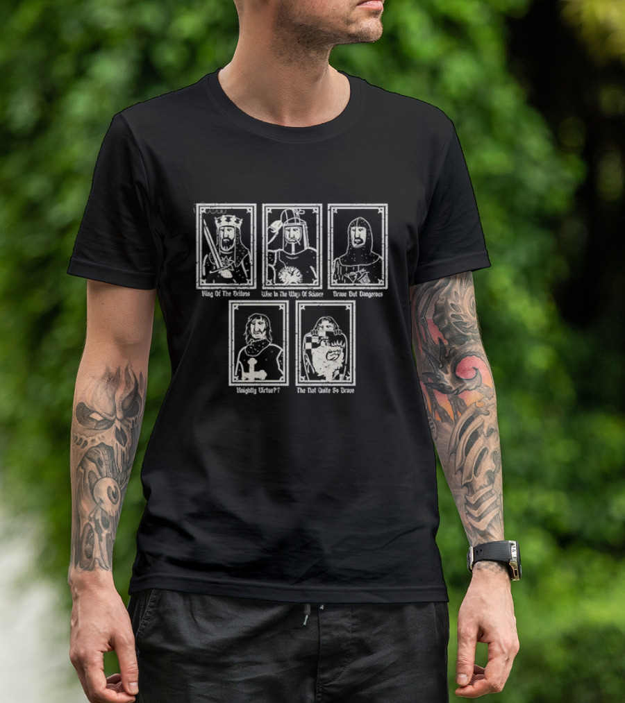 Monty Python And The Holy Grail King Arthur Sir Bedevere Sir Lancelot Patsy Black Knight T-Shirt