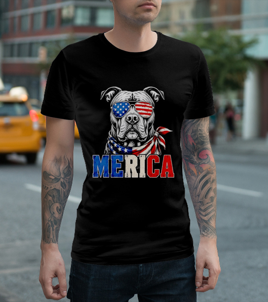 Patriotic Pit Bull Merica Dog With American Flag Sunglasses And Bandana T-Shirt