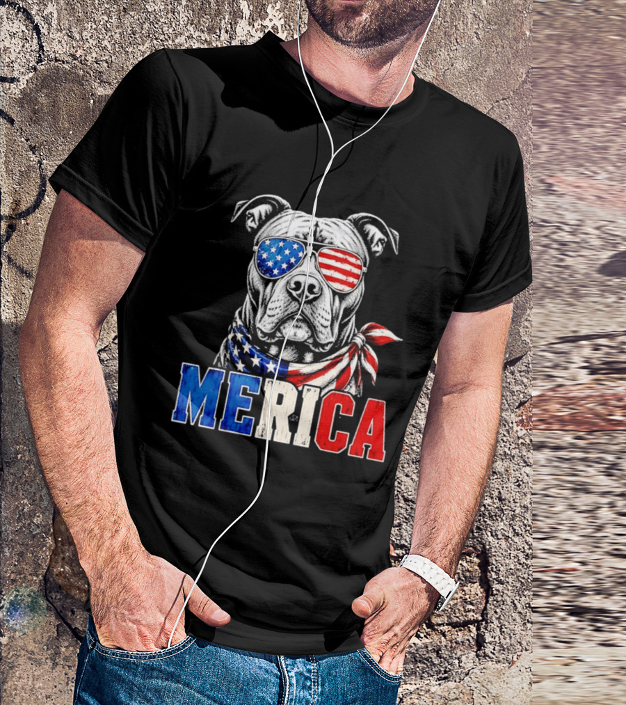 Patriotic Pit Bull Merica Dog With American Flag Sunglasses And Bandana T-Shirt