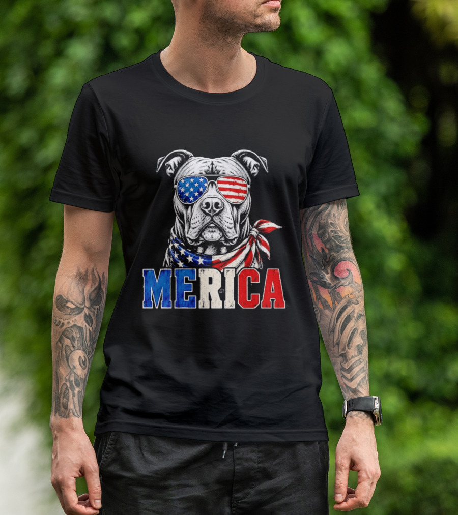 Patriotic Pit Bull Merica Dog With American Flag Sunglasses And Bandana T-Shirt