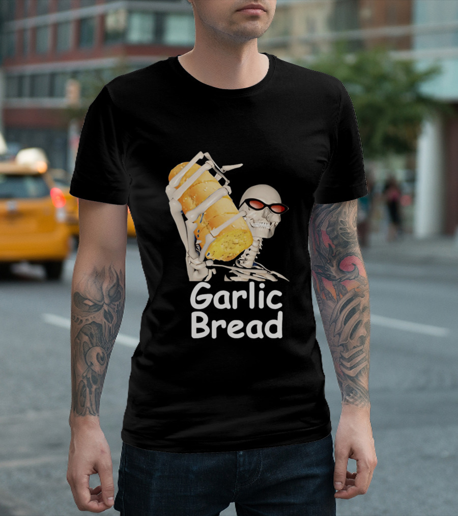 Skeleton Holding Baguette Garlic Bread Wearing Sunglasses T-Shirt