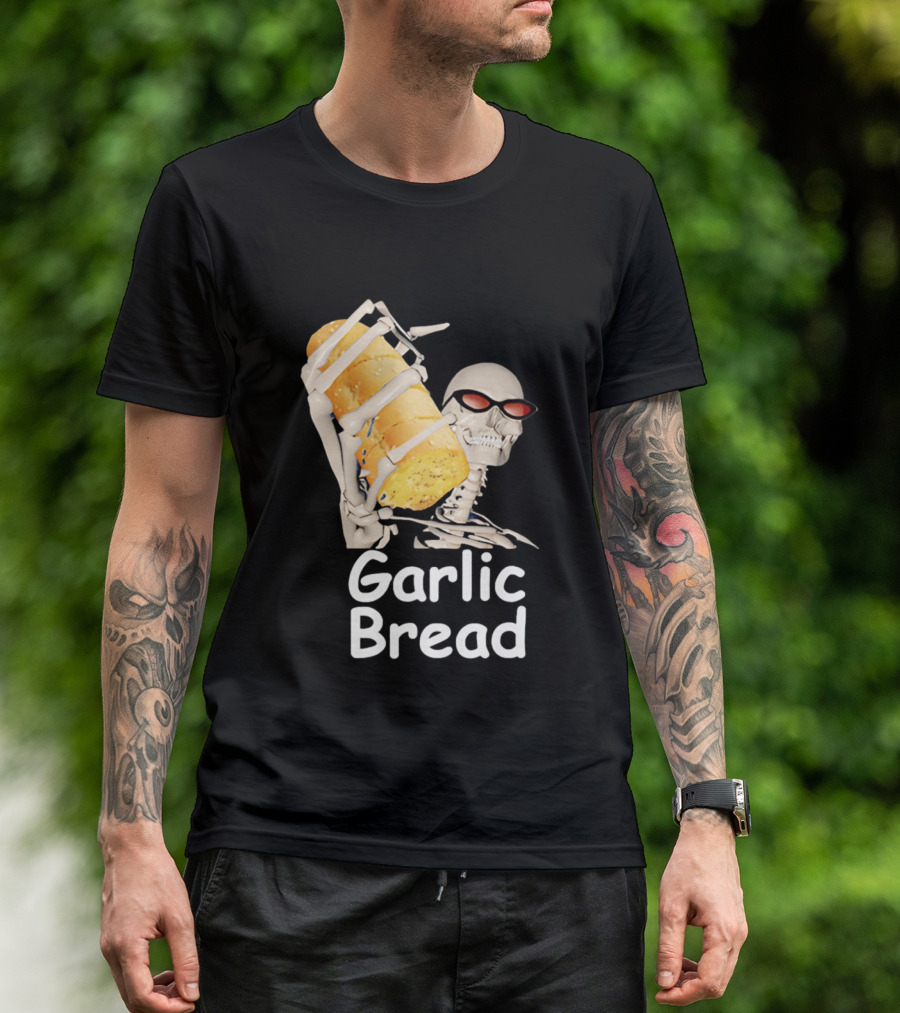 Skeleton Holding Baguette Garlic Bread Wearing Sunglasses T-Shirt
