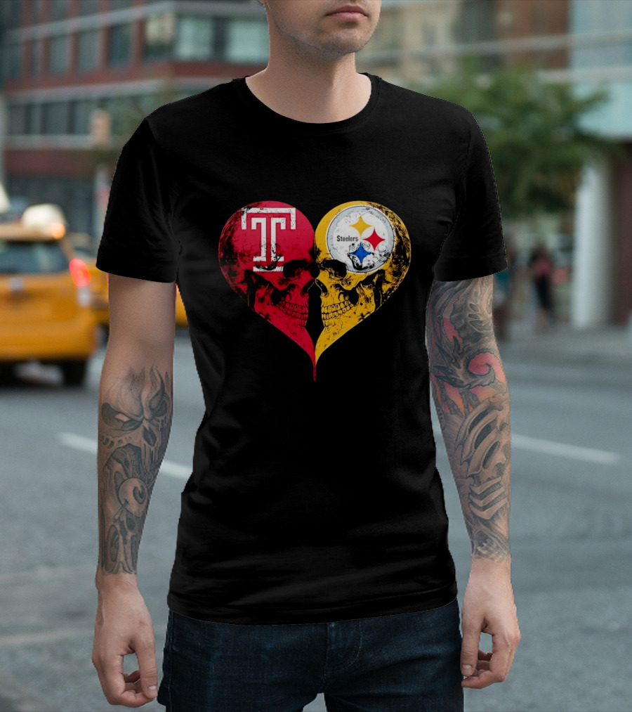 Temple Owls Pittsburgh Steelers Skulls Heart Shape Distressed T-Shirt