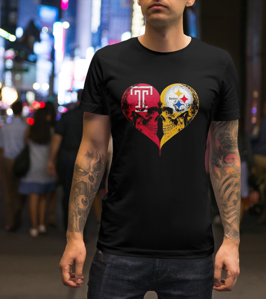 Temple Owls Pittsburgh Steelers Skulls Heart Shape Distressed T-Shirt