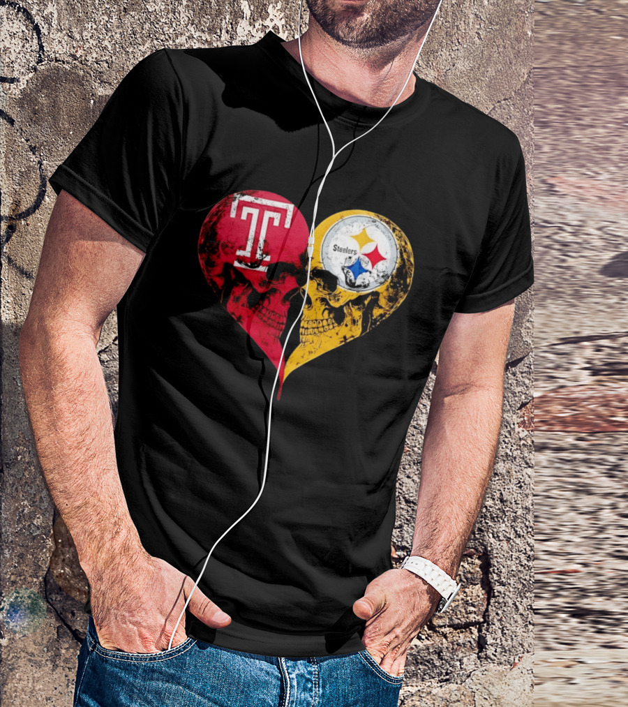 Temple Owls Pittsburgh Steelers Skulls Heart Shape Distressed T-Shirt