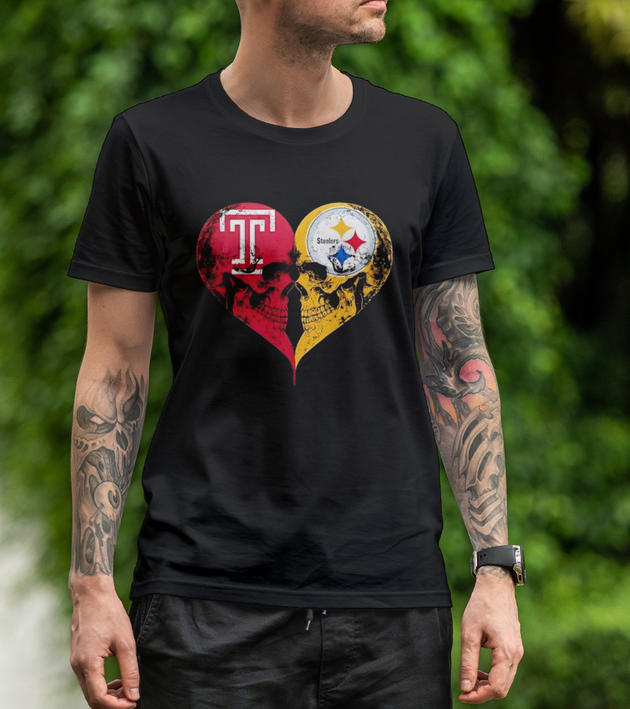 Temple Owls Pittsburgh Steelers Skulls Heart Shape Distressed T-Shirt