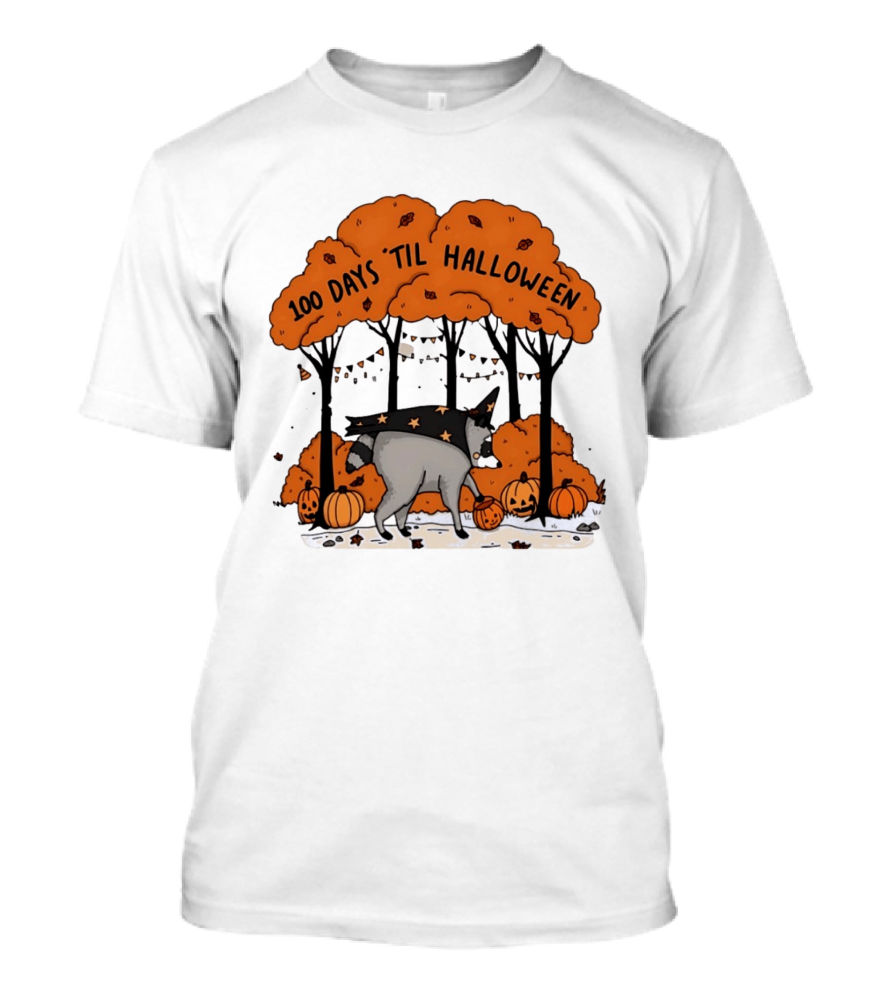 100 Days 'til Halloween Raccoon Wizard Costume In Pumpkin Patch Forest T-Shirt