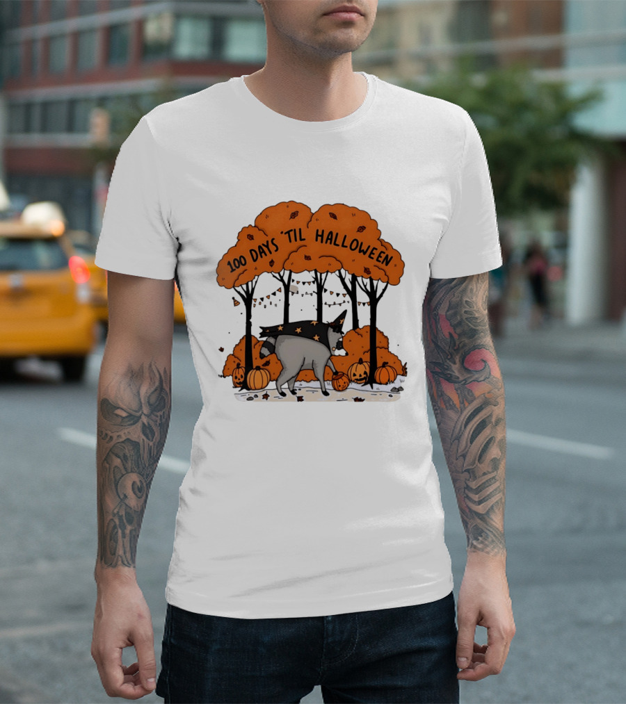 100 Days 'til Halloween Raccoon Wizard Costume In Pumpkin Patch Forest T-Shirt