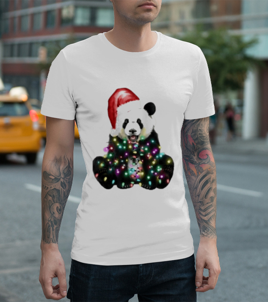 Panda With Christmas Lights And Santa Hat Holiday Animals T-Shirt