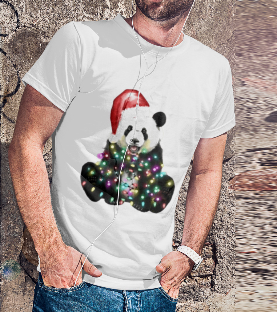 Panda With Christmas Lights And Santa Hat Holiday Animals T-Shirt