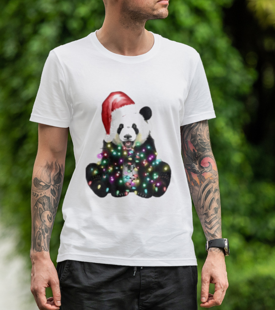 Panda With Christmas Lights And Santa Hat Holiday Animals T-Shirt