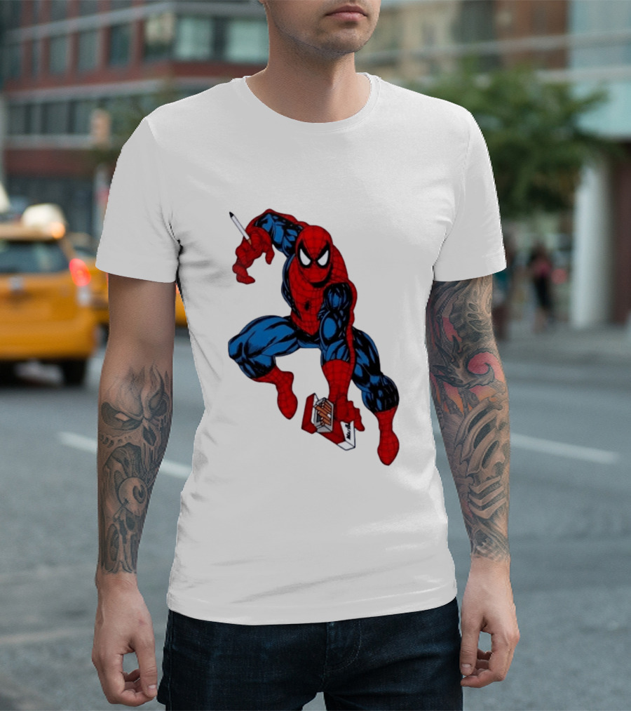 Marlboro Spider Man Crouching Holding Cigarette Packcartoon T-Shirt