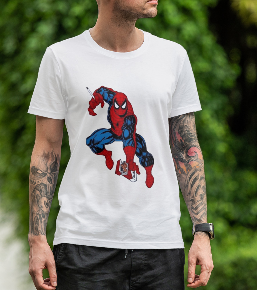 Marlboro Spider Man Crouching Holding Cigarette Packcartoon T-Shirt