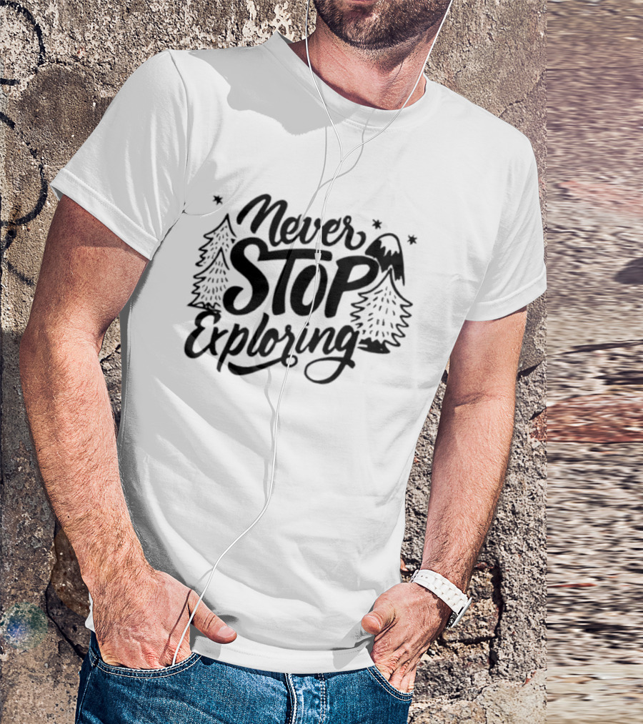 Never Stop Exploring Pine Trees Snowy Mountain Peak Stars T-Shirt
