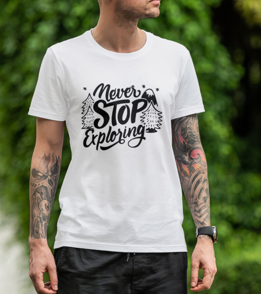 Never Stop Exploring Pine Trees Snowy Mountain Peak Stars T-Shirt