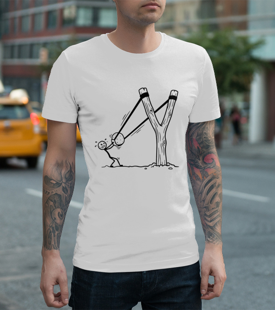 Stick Figure Slingshot Cartoon Pulling Back T-Shirt