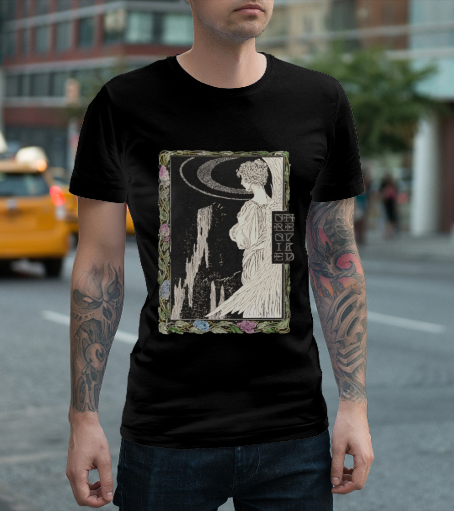 Angel Nouveau Unraveled Floral Frame Illustrative Art Winged Celestial Figure T-Shirt