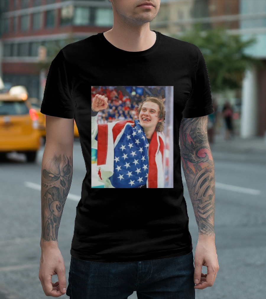 Jack Hughes USA Hockey World Champs 2026 Victory Celebration American Flag T-Shirt