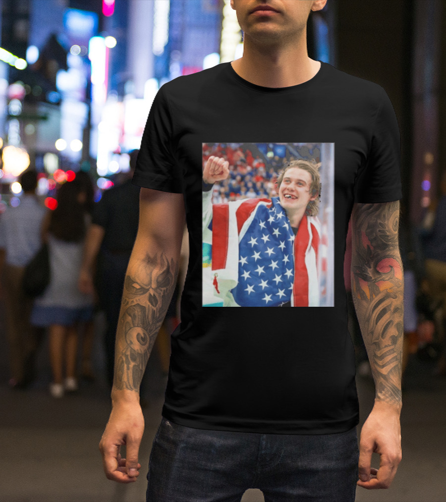 Jack Hughes USA Hockey World Champs 2026 Victory Celebration American Flag T-Shirt