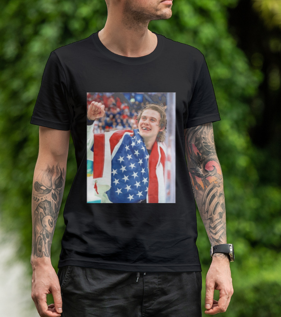 Jack Hughes USA Hockey World Champs 2026 Victory Celebration American Flag T-Shirt