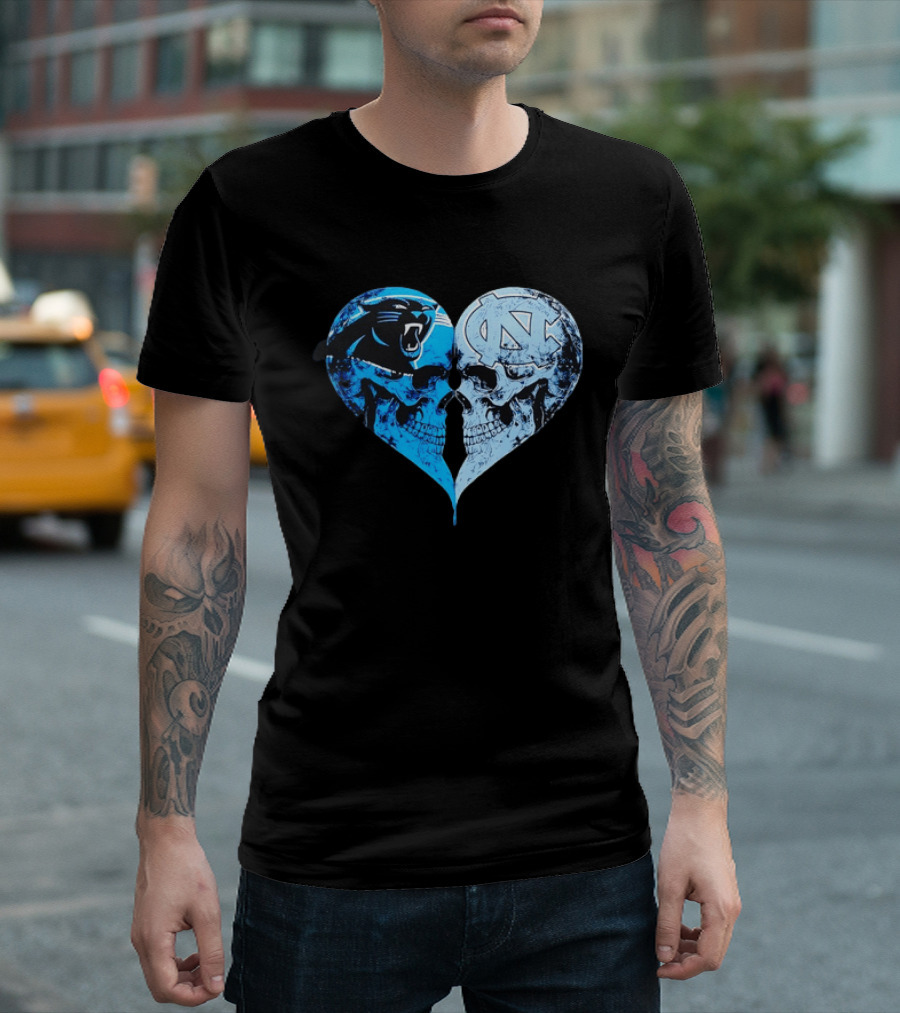 Carolina Panthers North Carolina Tar Heels Skulls Face To Face Heart Shape T-Shirt
