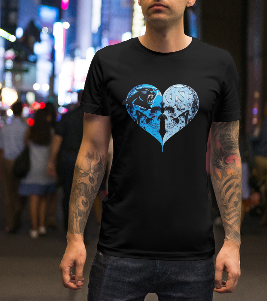 Carolina Panthers North Carolina Tar Heels Skulls Face To Face Heart Shape T-Shirt