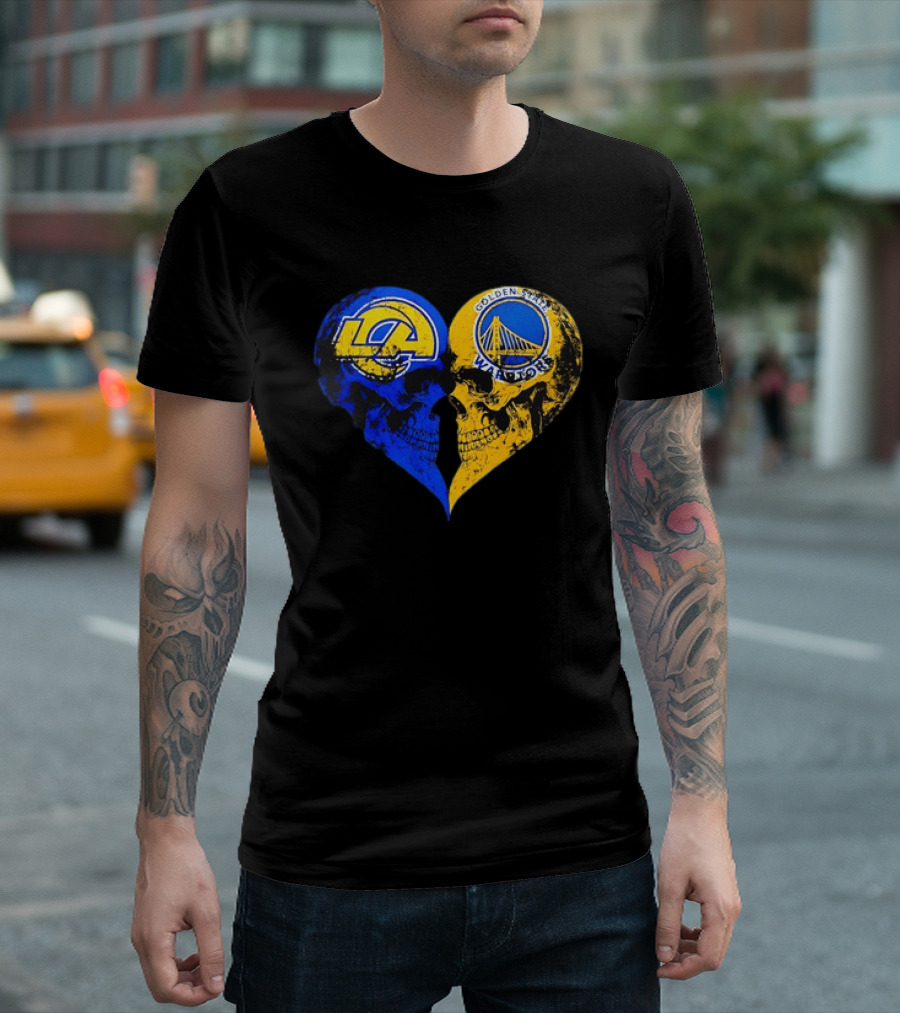 Los Angeles Rams Golden State Warriors Heart Shaped Skulls Distressed T-Shirt