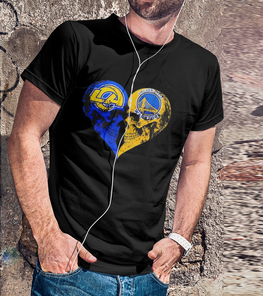 Los Angeles Rams Golden State Warriors Heart Shaped Skulls Distressed T-Shirt