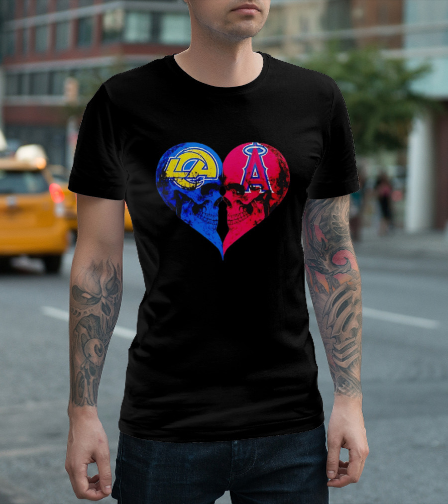 Los Angeles Rams Vs Los Angeles Angels Skulls Heart Face To Face Distressed T-Shirt