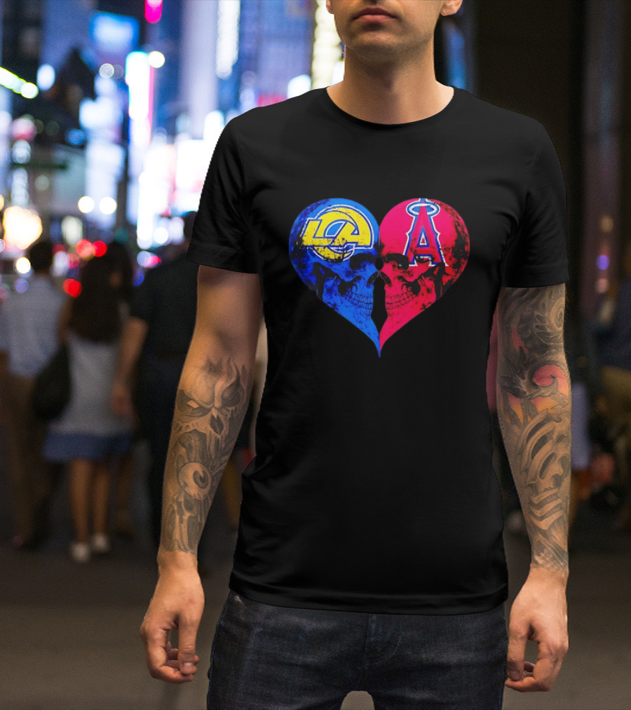 Los Angeles Rams Vs Los Angeles Angels Skulls Heart Face To Face Distressed T-Shirt